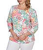 Ruby Rd. Plus Size Knit Medallion Floral Square Neck 3/4 Sleeve Top - Image 4