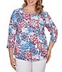 Ruby Rd. Plus Size Knit Medallion Floral Square Neck 3/4 Sleeve Top - Image 5
