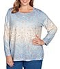 Ruby Rd. Plus Size Knit Medallion Scoop Neck Long Sleeve Top, Color:Bluebell Multi - Image 1