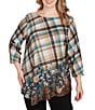 Ruby Rd. Plus Size Knit Plaid Floral Leopard Print Boat Neck 3/4 Sleeve Top, Color:Tan Heather Multi - Image 1