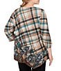Ruby Rd. Plus Size Knit Plaid Floral Leopard Print Boat Neck 3/4 Sleeve Top, Color:Tan Heather Multi - Image 2
