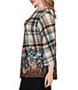 Ruby Rd. Plus Size Knit Plaid Floral Leopard Print Boat Neck 3/4 Sleeve Top, Color:Tan Heather Multi - Image 3