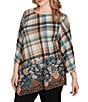 Ruby Rd. Plus Size Knit Plaid Floral Leopard Print Boat Neck 3/4 Sleeve Top, Color:Tan Heather Multi - Image 4