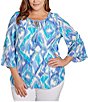 Color:Blue Moon Multi - Image 1 - Plus Size Polynesian Gauze Ikat Tassel Ties Split Round Neck 3/4 Sleeve Top
