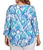 Color:Blue Moon Multi - Image 2 - Plus Size Polynesian Gauze Ikat Tassel Ties Split Round Neck 3/4 Sleeve Top