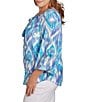 Color:Blue Moon Multi - Image 3 - Plus Size Polynesian Gauze Ikat Tassel Ties Split Round Neck 3/4 Sleeve Top