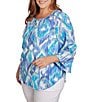 Color:Blue Moon Multi - Image 4 - Plus Size Polynesian Gauze Ikat Tassel Ties Split Round Neck 3/4 Sleeve Top