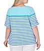 Color:Blue Moon Multi - Image 2 - Plus Size Knit Stripe Boat Neck Short Roll-Tab Sleeve Side Slit Top