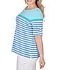Color:Blue Moon Multi - Image 3 - Plus Size Knit Stripe Boat Neck Short Roll-Tab Sleeve Side Slit Top