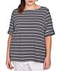 Ruby Rd. Plus Size Knit Stripe Boat Neck Short Roll-Tab Sleeve Top, Color:Black/White - Image 1