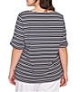 Ruby Rd. Plus Size Knit Stripe Boat Neck Short Roll-Tab Sleeve Top, Color:Black/White - Image 2