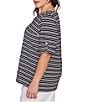Ruby Rd. Plus Size Knit Stripe Boat Neck Short Roll-Tab Sleeve Top, Color:Black/White - Image 3