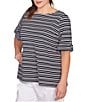 Ruby Rd. Plus Size Knit Stripe Boat Neck Short Roll-Tab Sleeve Top, Color:Black/White - Image 4