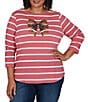Ruby Rd. Plus Size Knit Stripe Football Bow Boat Neck 3/4 Sleeve Tee - Image 1