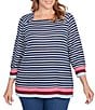 Ruby Rd. Plus Size Knit Stripe Square Neck 3/4 Sleeve Side Slit Top, Color:Indigo Multi - Image 1