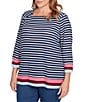 Ruby Rd. Plus Size Knit Stripe Square Neck 3/4 Sleeve Side Slit Top, Color:Indigo Multi - Image 4