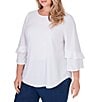 Color:White - Image 1 - Plus Size Knit Swiss Dot Scoop Neck 3/4 Bell Sleeve Shirttail Hem Top