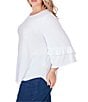 Color:White - Image 2 - Plus Size Knit Swiss Dot Scoop Neck 3/4 Bell Sleeve Shirttail Hem Top
