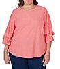 Color:Guava - Image 1 - Plus Size Knit Swiss Dot Scoop Neck 3/4 Bell Sleeve Shirttail Hem Top