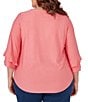 Color:Guava - Image 2 - Plus Size Knit Swiss Dot Scoop Neck 3/4 Bell Sleeve Shirttail Hem Top