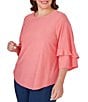 Color:Guava - Image 3 - Plus Size Knit Swiss Dot Scoop Neck 3/4 Bell Sleeve Shirttail Hem Top