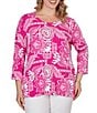 Ruby Rd. Plus Size Knit Tropical Patchwork Print Scoop Neck 3/4 Sleeve Top - Image 5