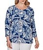 Ruby Rd. Plus Size Knit Tropical Patchwork Print Scoop Neck 3/4 Sleeve Top - Image 5