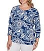 Ruby Rd. Plus Size Knit Tropical Patchwork Print Scoop Neck 3/4 Sleeve Top - Image 4