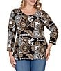 Ruby Rd. Plus Size Knit Tropical Patchwork Print Scoop Neck 3/4 Sleeve Top - Image 1