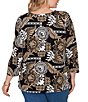 Ruby Rd. Plus Size Knit Tropical Patchwork Print Scoop Neck 3/4 Sleeve Top - Image 2