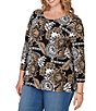 Ruby Rd. Plus Size Knit Tropical Patchwork Print Scoop Neck 3/4 Sleeve Top - Image 4