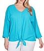 Color:Peacock - Image 1 - Plus Size Knit V-Neck 3/4 Sleeve Tie-Front Top