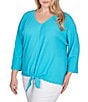 Color:Peacock - Image 3 - Plus Size Knit V-Neck 3/4 Sleeve Tie-Front Top