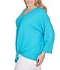Color:Peacock - Image 4 - Plus Size Knit V-Neck 3/4 Sleeve Tie-Front Top