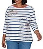 Ruby Rd. Plus Size Knit Varsity Stripe Floral Placement Scoop Neck 3/4 Sleeve Tee - Image 1