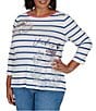 Ruby Rd. Plus Size Knit Varsity Stripe Floral Placement Scoop Neck 3/4 Sleeve Tee - Image 3