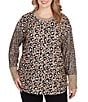 Ruby Rd. Plus Size Leopard Ribbed Crew Neck Long Sleeve Top, Color:Tan Heather Multi - Image 1