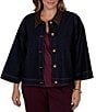 Ruby Rd. Plus Size Light Weight Denim Faux Leather Collar 3/4 Sleeve Button Front Caplet Jacket - Image 1