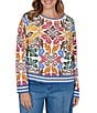 Ruby Rd. Plus Size Lightweight Knit Bold Floral Striped Trim Boat Neck Long Sleeve Sweater - Image 1