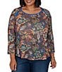 Ruby Rd. Plus Size Lightweight Knit Floral Scoop Neck 3/4 Sleeve Solid Trim Pullover - Image 1