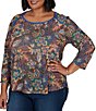 Ruby Rd. Plus Size Lightweight Knit Floral Scoop Neck 3/4 Sleeve Solid Trim Pullover - Image 3