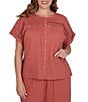 Ruby Rd. Plus Size Linen Blend Banded Round Neck Short Cuff Sleeve Button Front Shirt - Image 1