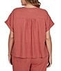 Ruby Rd. Plus Size Linen Blend Banded Round Neck Short Cuff Sleeve Button Front Shirt - Image 2