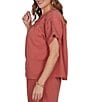 Ruby Rd. Plus Size Linen Blend Banded Round Neck Short Cuff Sleeve Button Front Shirt - Image 3
