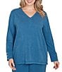 Ruby Rd. Plus Size Luxe Rib Knit V-Neck Long Sleeve Popover Top, Color:Lake Blue - Image 1
