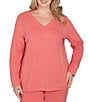 Ruby Rd. Plus Size Luxe Rib Knit V-Neck Long Sleeve Popover Top, Color:Bright Coral - Image 1