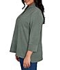 Ruby Rd. Plus Size Luxe Ribbed Knit Y-Neck 3/4 Sleeve Coordinating Top, Color:Loden Heather - Image 3