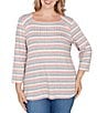 Ruby Rd. Plus Size Marled Stripe Ribbed Knit Square Neck 3/4 Sleeve Top, Color:Bright Coral Multi - Image 1