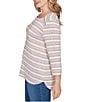 Ruby Rd. Plus Size Marled Stripe Ribbed Knit Square Neck 3/4 Sleeve Top, Color:Bright Coral Multi - Image 3