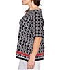 Ruby Rd. Plus Size Medallion Border Print Boat Neck Elbow Sleeve Top, Color:Black/Multi - Image 3